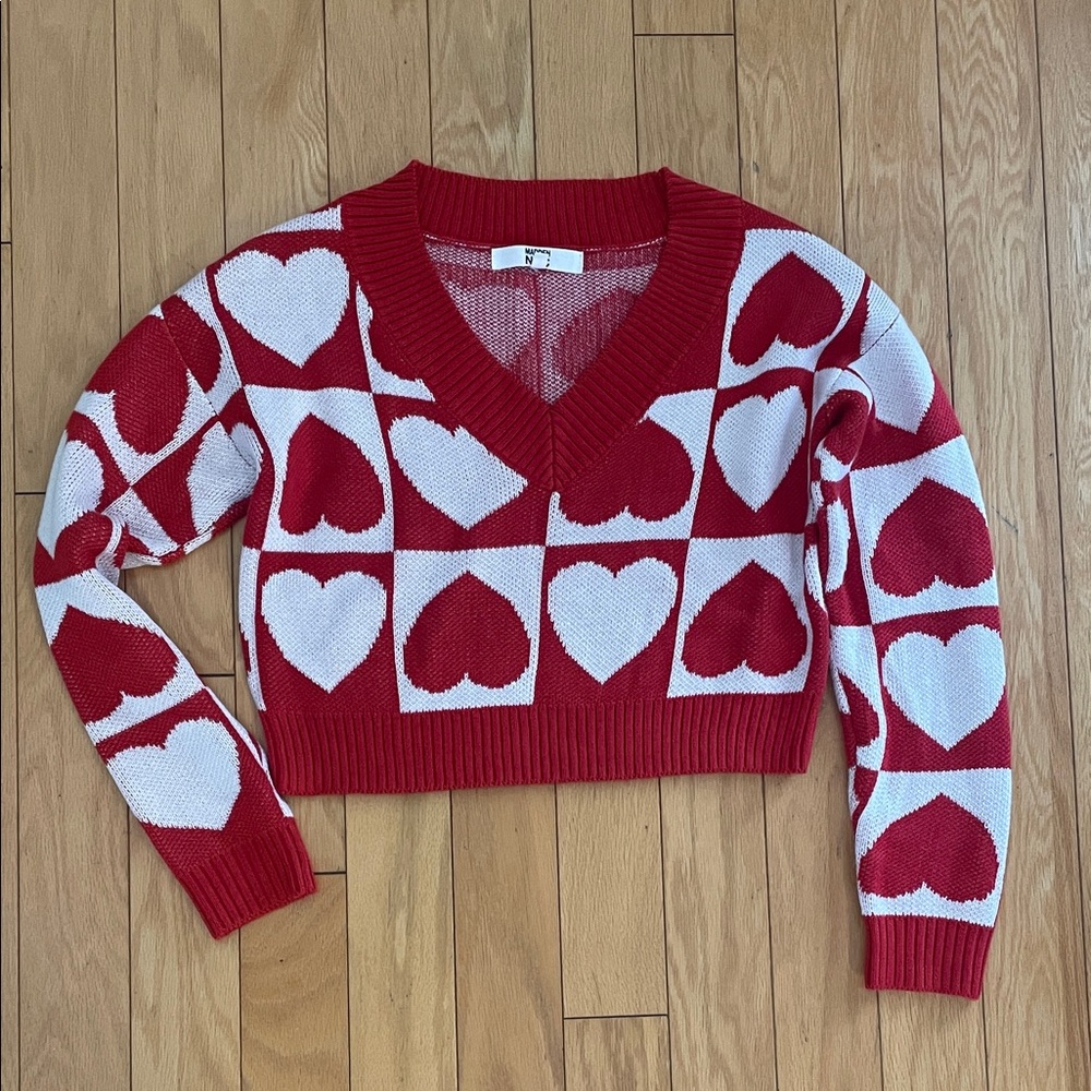 Madden NYC Red and White Heart Pattern Sweater